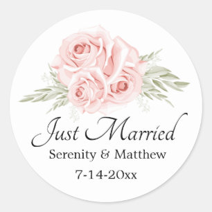 Elegant Rose Pink Floral Just Married Wedding Classic Round Sticker