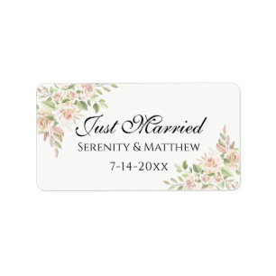 Elegant Rose Pink Floral Just Married Wedding Label