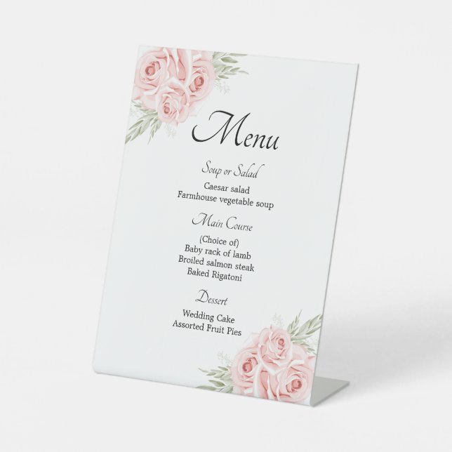 Elegant Rose Pink Floral Wedding Menu  Pedestal Sign (Front)