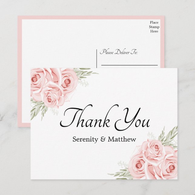  Elegant Rose Pink Floral Wedding Thank You Postcard (Front/Back)