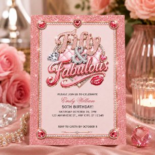 Elegant rose-pink glitter Fabulous 50th Birthday Invitation