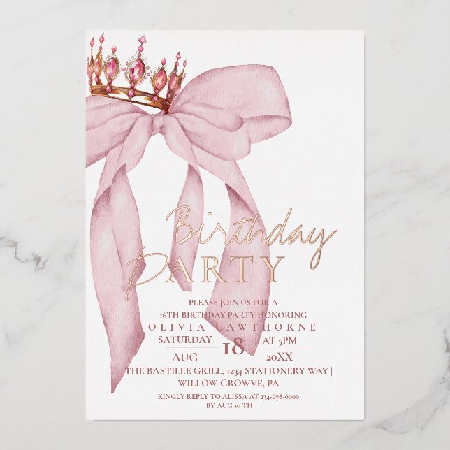Elegant Rose Pink Gold Bow Birthday Party (Front)