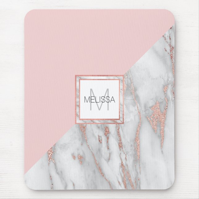 Elegant Rose Pink Gold Foil Marble Grey MONOGRAM Mouse Mat (Front)