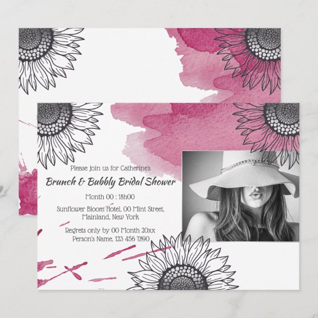 Elegant rose pink grey DIY photo sunflower party Invitation (Front/Back)