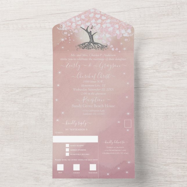 Elegant Rose Pink Heart Leaf Tree Wedding  All In One Invitation (Inside)