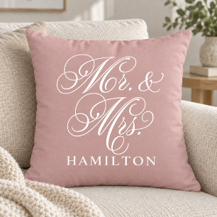 Elegant Rose Pink Mr and Mrs Script Wedding Cushion