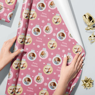Elegant Rose Pink Photo Ornament Merry Christmas Wrapping Paper