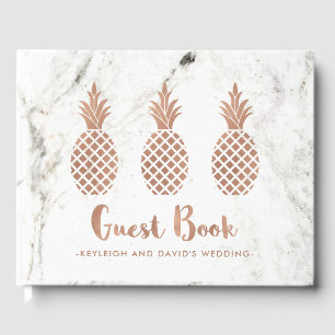 Elegant Rose Pink Pineapples on White Marble Guest Book