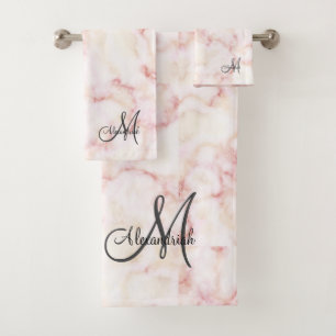 Elegant Rose pink white marble Black Monogram Bath Towel Set