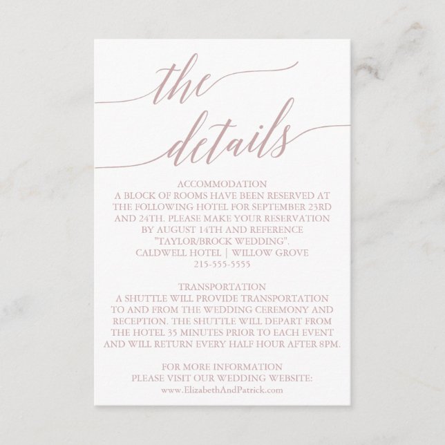 Elegant Rose Quartz Calligraphy Details Card (Front)