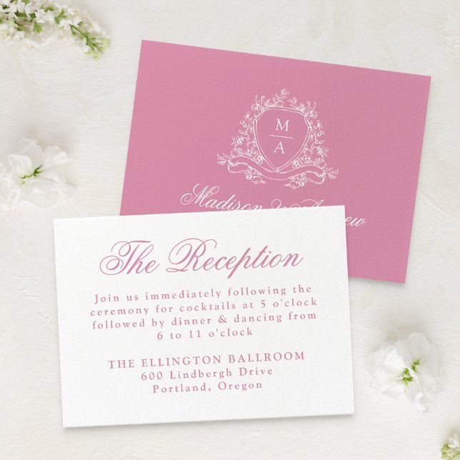 Elegant Rose Quartz Floral Crest Wedding Reception Enclosure Card (Creator Uploaded)