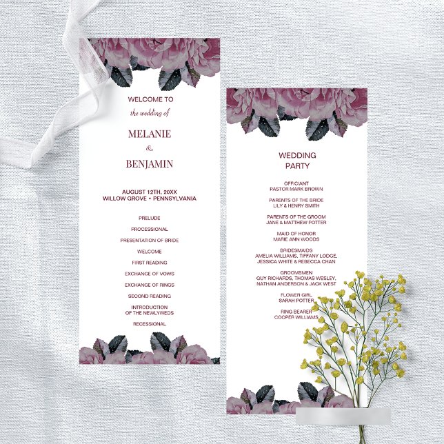 Elegant Rose Romantic Floral Wedding Program Invitation (Elegant Rose Pink Romantic Floral Wedding Program)