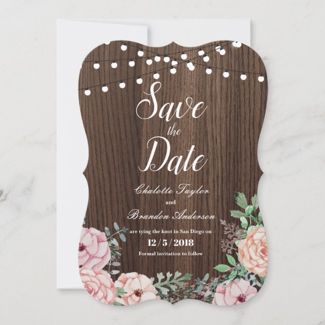 Elegant rose Save the Date card- rustic wood (Front)