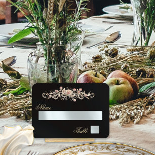 Elegant Rose Scroll & Heart Monogram - Black Place Card