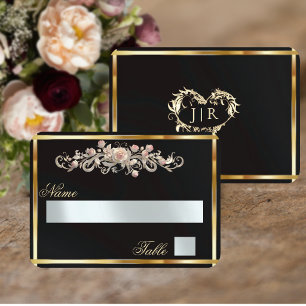 Elegant Rose Scroll & Heart Monogram - Black Place Card