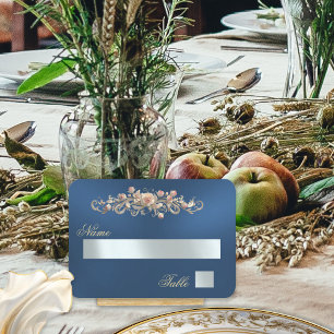 Elegant Rose Scroll & Heart Monogram - Blue Place Card
