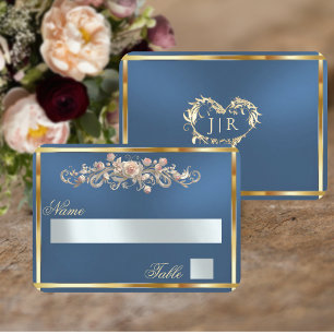 Elegant Rose Scroll & Heart Monogram - Blue Place Card