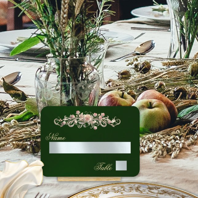 Elegant Rose Scroll & Heart Monogram - Emerald Place Card (Creator Uploaded)
