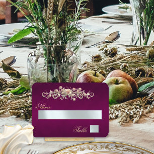 Elegant Rose Scroll & Heart Monogram - Plum Place Card