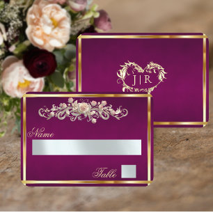 Elegant Rose Scroll & Heart Monogram - Plum Place Card
