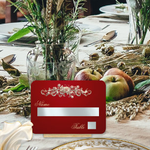 Elegant Rose Scroll & Heart Monogram - Red Place Card
