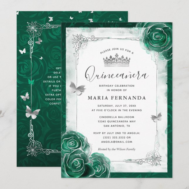 Elegant Rose Silver Green Quinceanera Invitation (Front/Back)