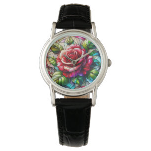 Elegant Rose Stained Glass Effect Watch