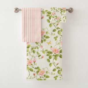 Elegant Rose Vine and Stripe Bath Towel Set
