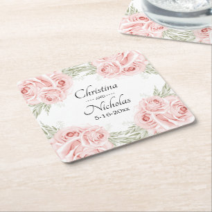 Elegant Rose Watercolor Pink Floral Wedding  Square Paper Coaster