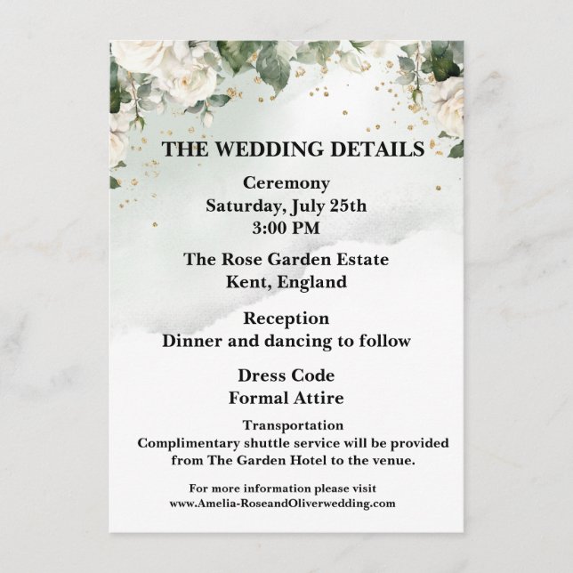 Elegant Rose Wedding Details Card (Front)