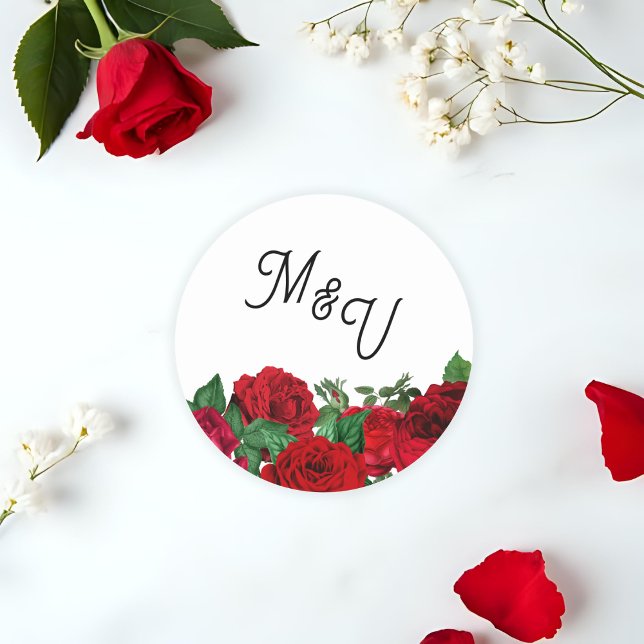 Elegant Rose Wedding Monogram Personalised Classic Round Sticker (Round sticker with white background, Monogram letters and rose accents.)