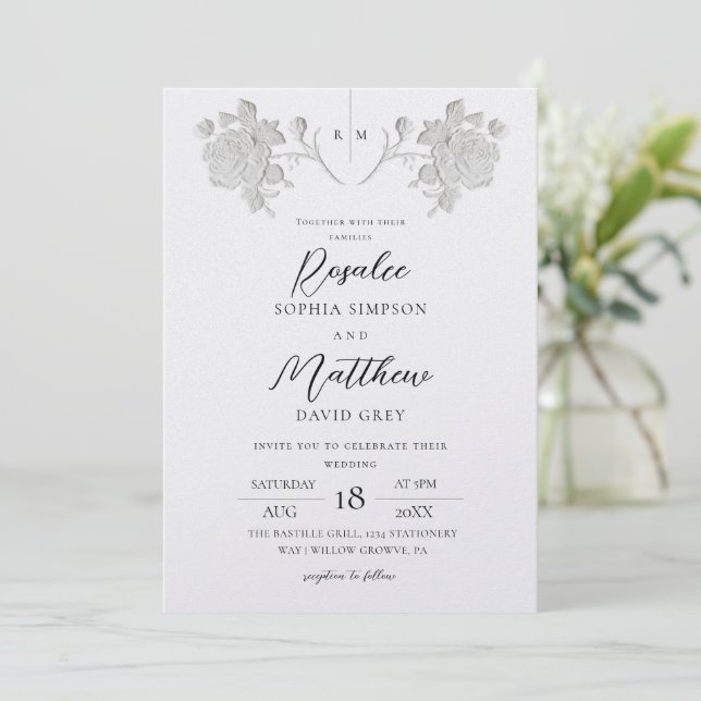 Elegant Rose White & Black Wedding Invitation (Standing Front)