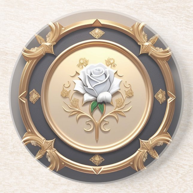 Elegant Rose with Ornate Decorative Frame Coaster (Front)