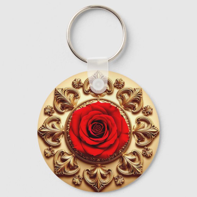 Elegant Rose with Ornate Decorative Frame Key Ring (Front)