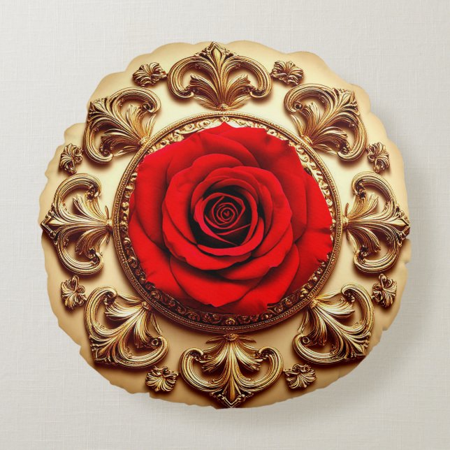 Elegant Rose with Ornate Decorative Frame Round Cushion (Front)