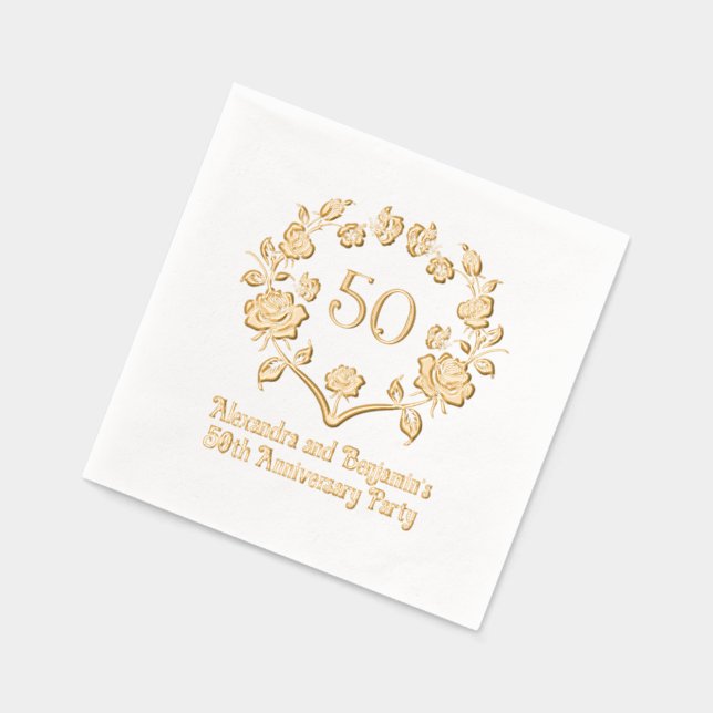 Elegant Rose Wreath Frame Anniversary Party Foil Napkins (Left)