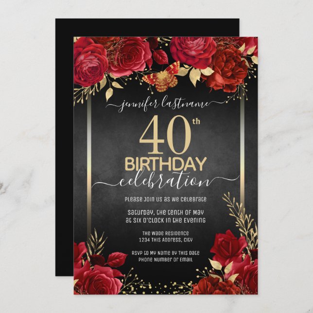 Elegant Roses 40th Birthday Invitation (Front/Back)