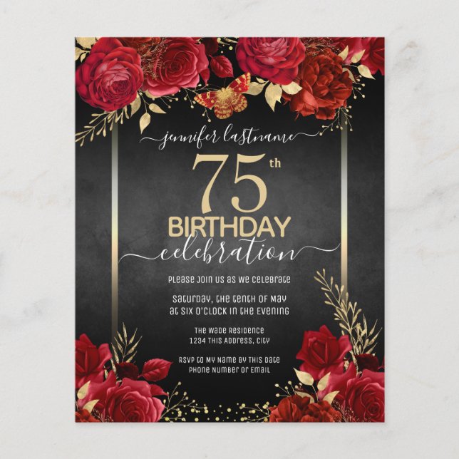 Elegant Roses 75th Birthday Invitation (Front)