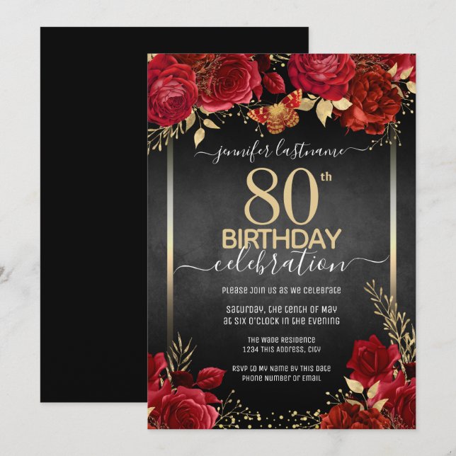 Elegant Roses 80th Birthday Invitation (Front/Back)