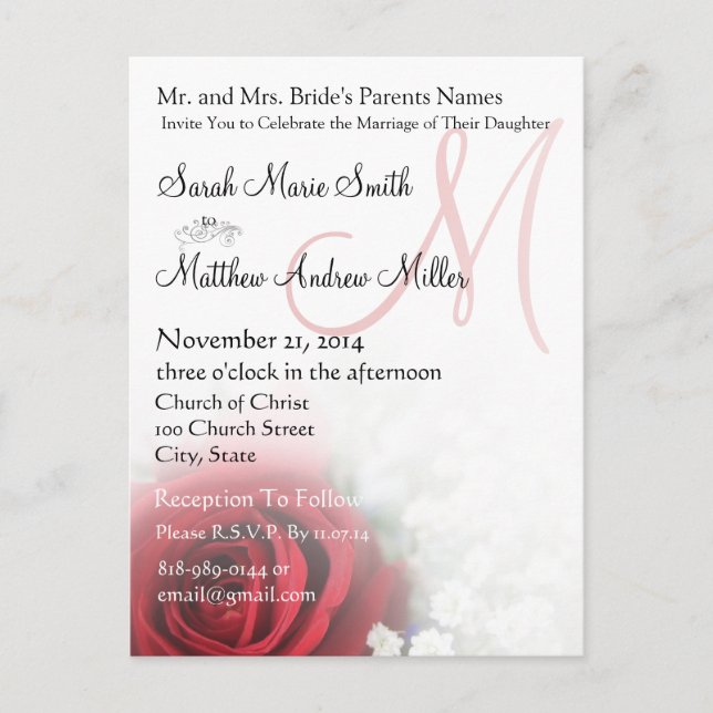 Elegant Roses and Baby's Breath Wedding Invitation Postcard (Front)