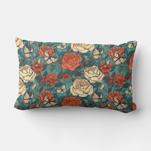 Elegant Roses and Butterflies Throw Pillow 13"x21" (Back)