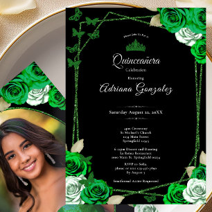 Elegant Roses and Crown Green Quinceanera  Invitation