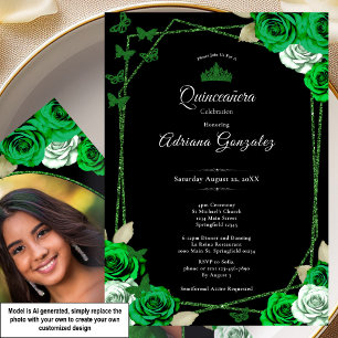 Elegant Roses and Crown Green Quinceanera Invitation