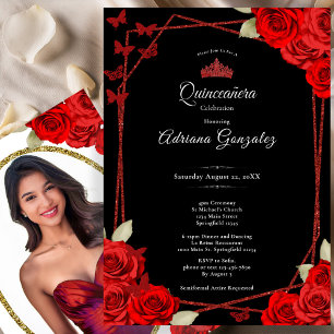 Elegant Roses and Crown Red Quinceanera  Invitation