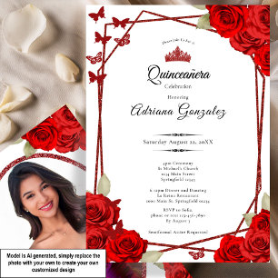 Elegant Roses and Crown Red Quinceanera Invitation