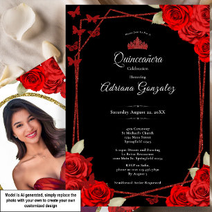 Elegant Roses and Crown Red Quinceanera Invitation