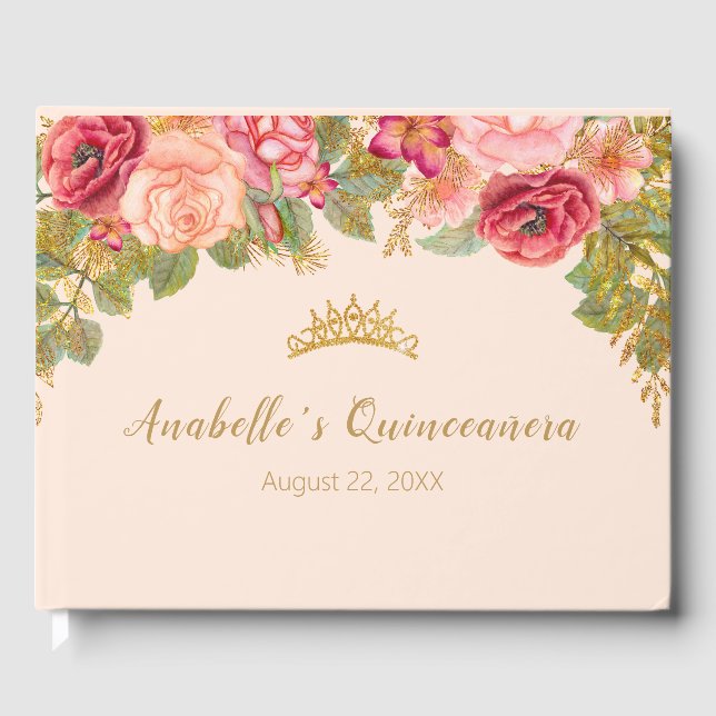 Elegant Roses and Gold Crown Guest Book (Front)