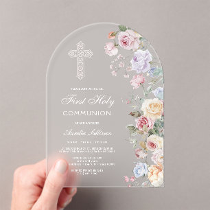 Elegant Roses Arch First Communion Acrylic Invitations