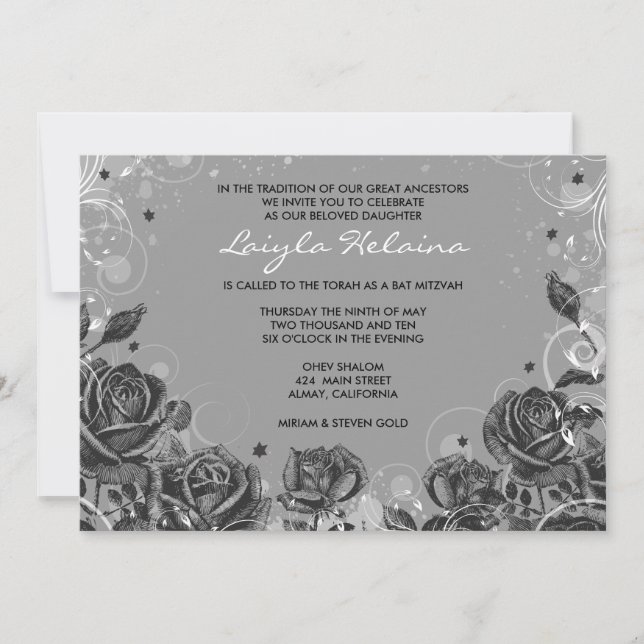 Elegant Roses Bat Mitzvah Invitation grey (Front)