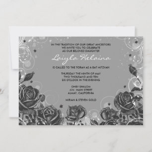 Elegant Roses Bat Mitzvah Invitation grey